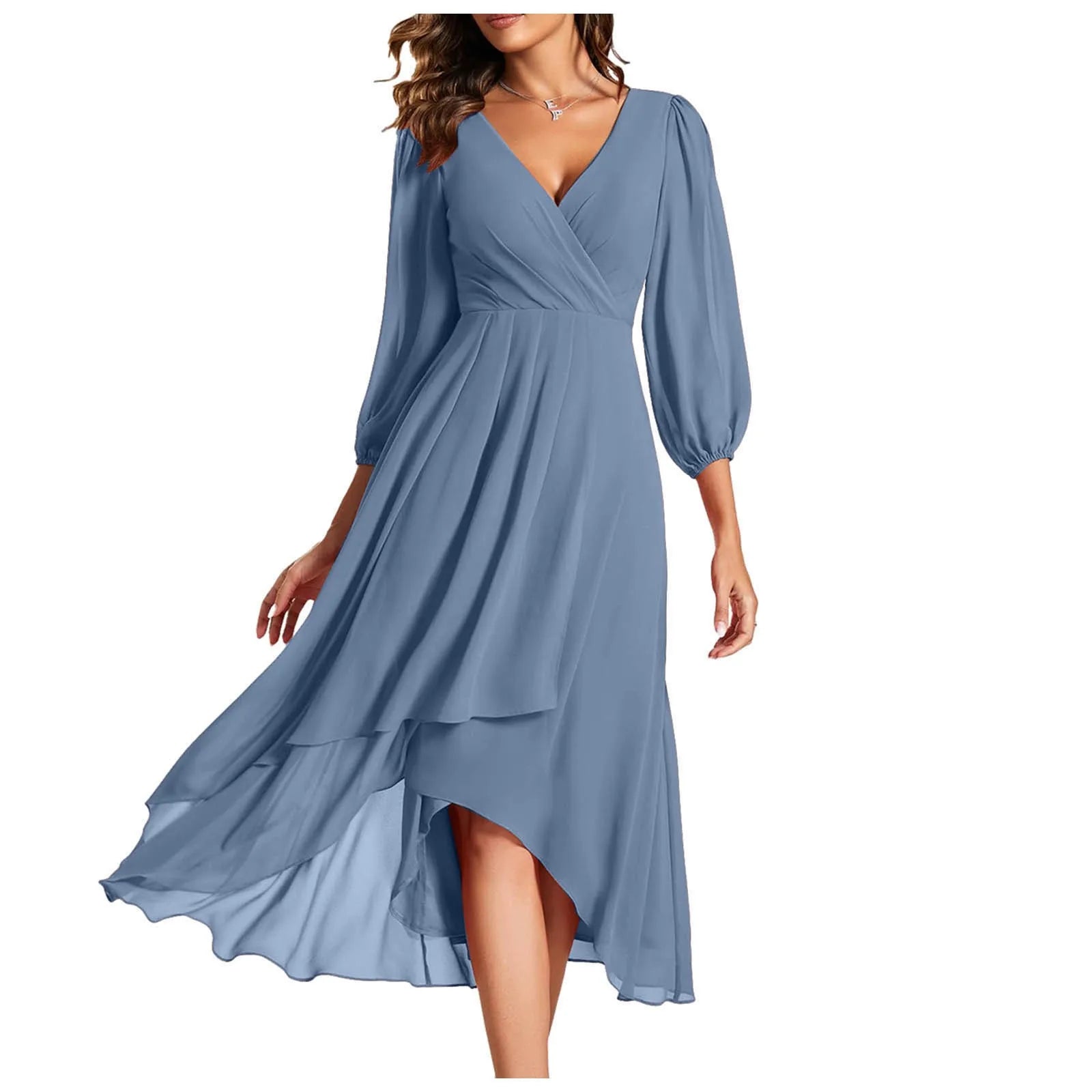 Elegant Navy Blue Chiffon Evening Dress - Long Sleeve Pleated Knee Length - JStorehub 