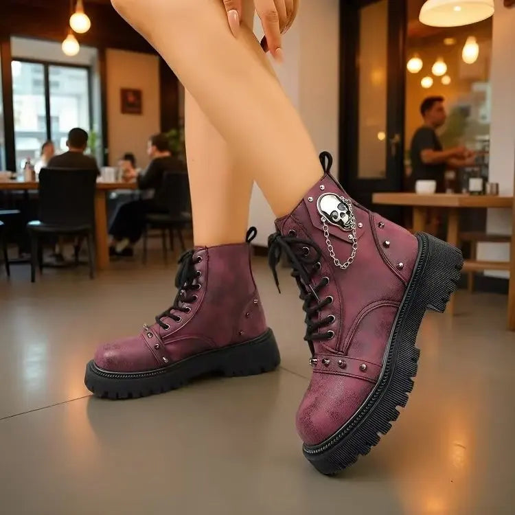 Women's Punk Ankle Boots - Platform Buckle Lace-Up Block Heel Shoes