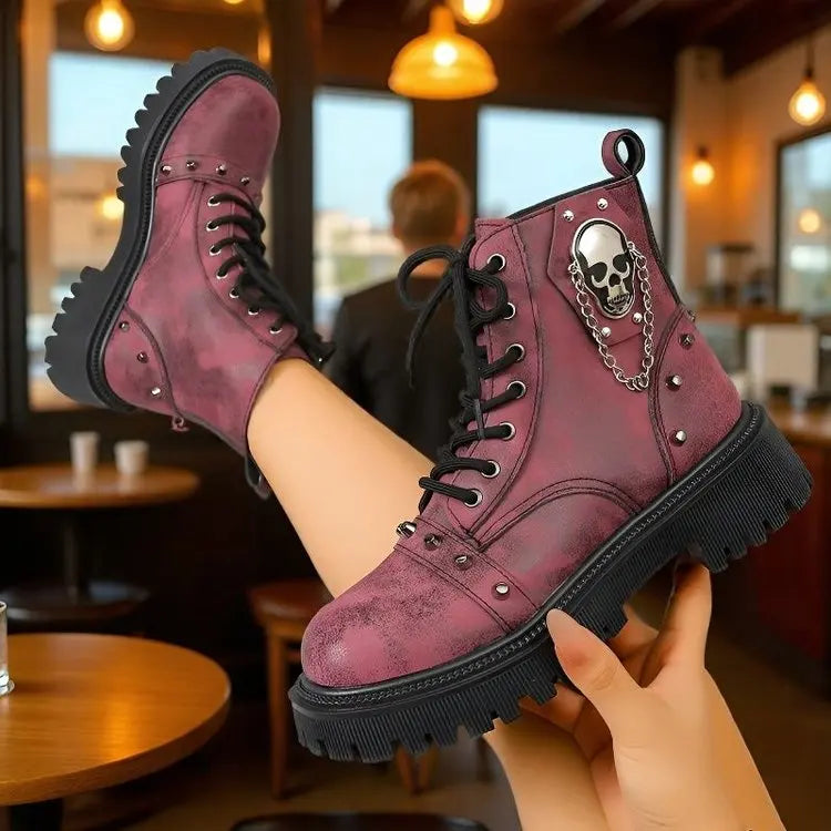 Women's Punk Ankle Boots - Platform Buckle Lace-Up Block Heel Shoes