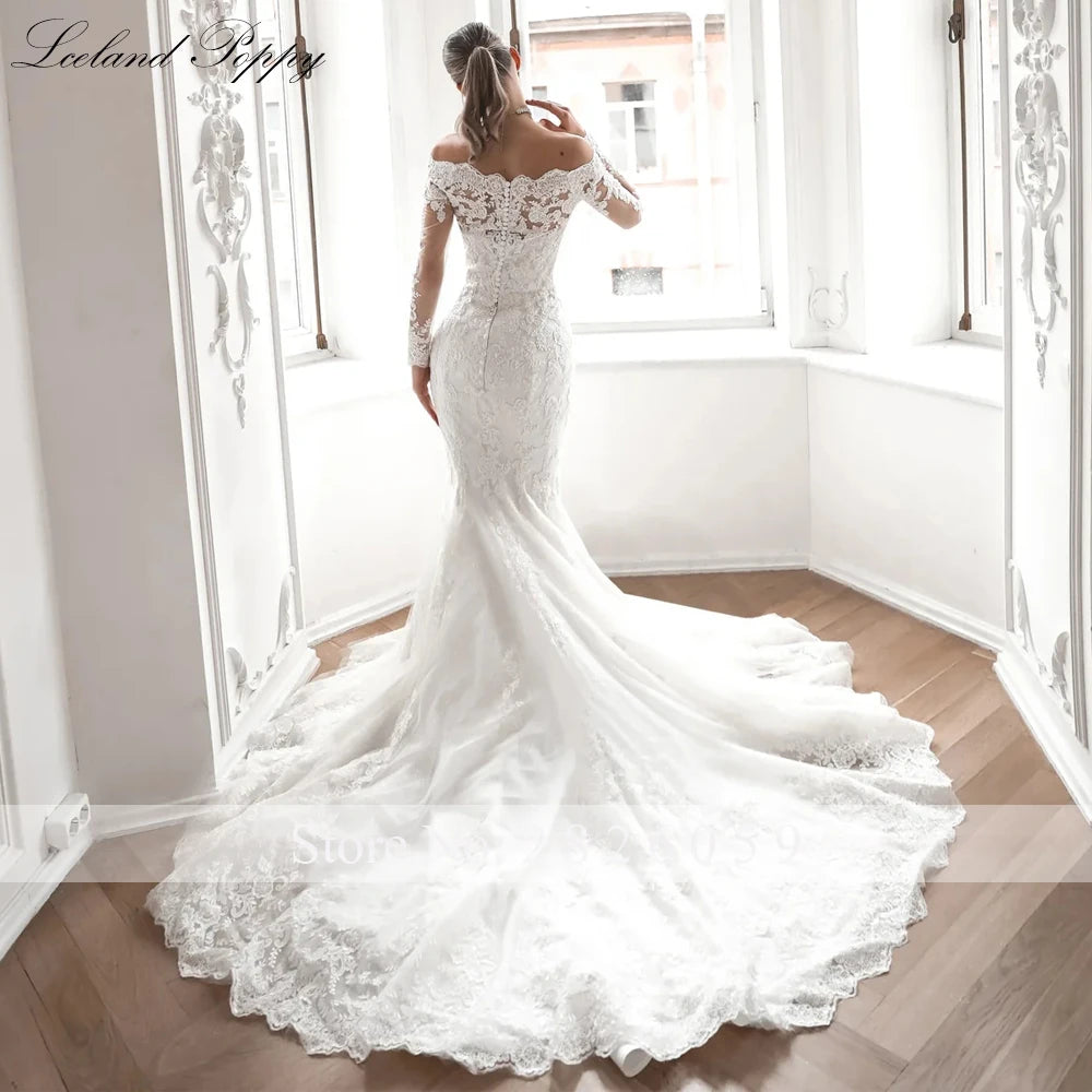 Iceland Poppy Customized Boat Neck Mermaid Lace Wedding Dress with Detachable Train - JStorehub 