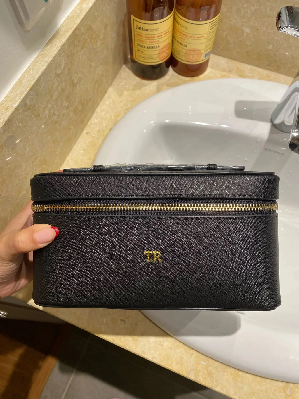 Custom Name Ladies Saffiano Split Leather Travel Toiletry Bag - Hanging Makeup Organizer - JStorehub 