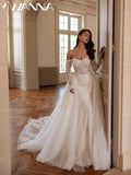 Shiny Beaded Applique Wedding Dress - 3D Flower Off-Shoulder Mermaid Bridal Gown - JStorehub 