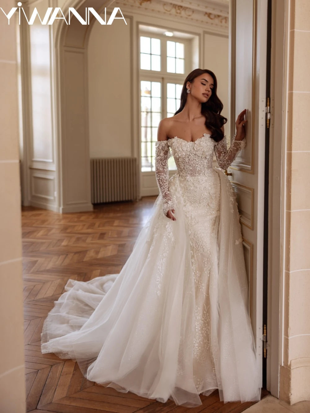 Shiny Beaded Applique Wedding Dress - 3D Flower Off-Shoulder Mermaid Bridal Gown - JStorehub 