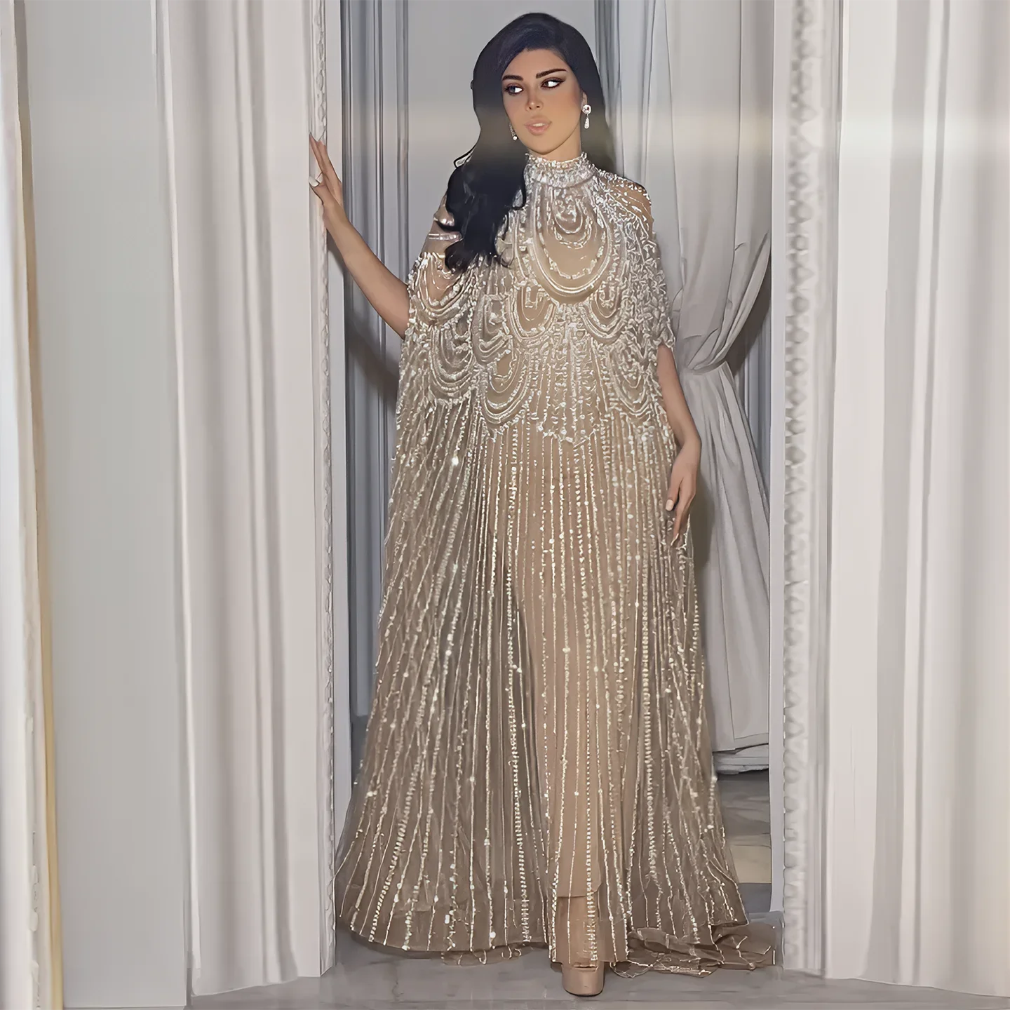 Customized Luxury Nude Caftan Prom Evening Dress - Elegant Party Gown - JStorehub 