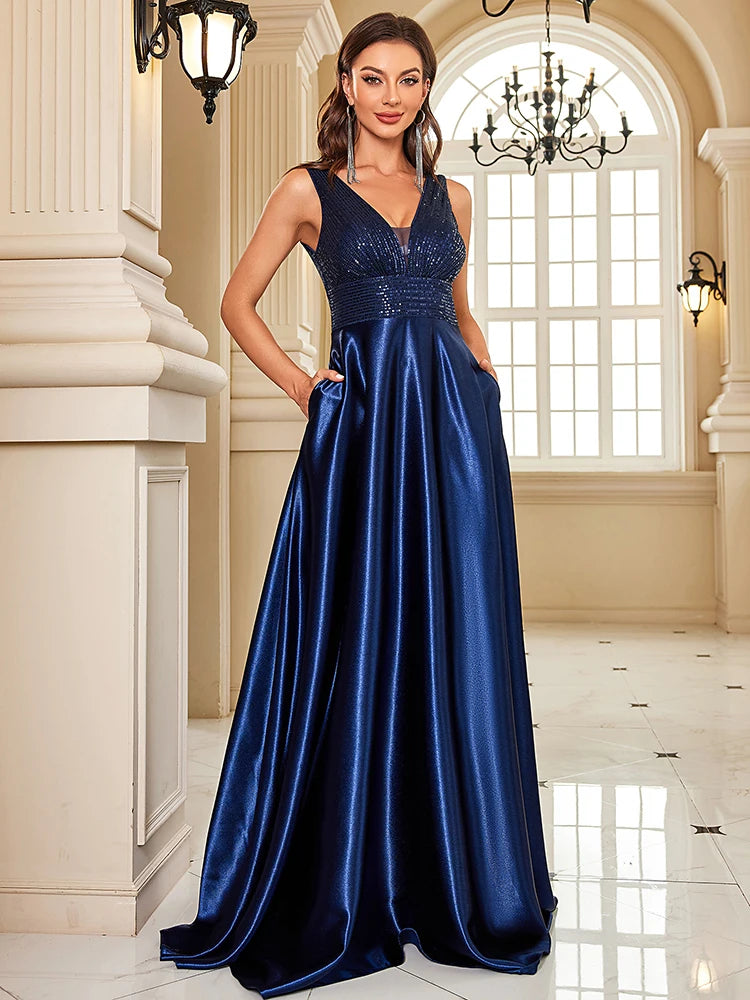 Elegant Sequin Evening Dress for Women - Deep V-Neck Satin Prom Gown 2024 - JStorehub 