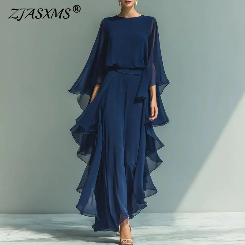 2026 Spring Chiffon 2-Piece Set - Elegant O-Neck Flare Sleeve & Wide Leg Pants - JStorehub 