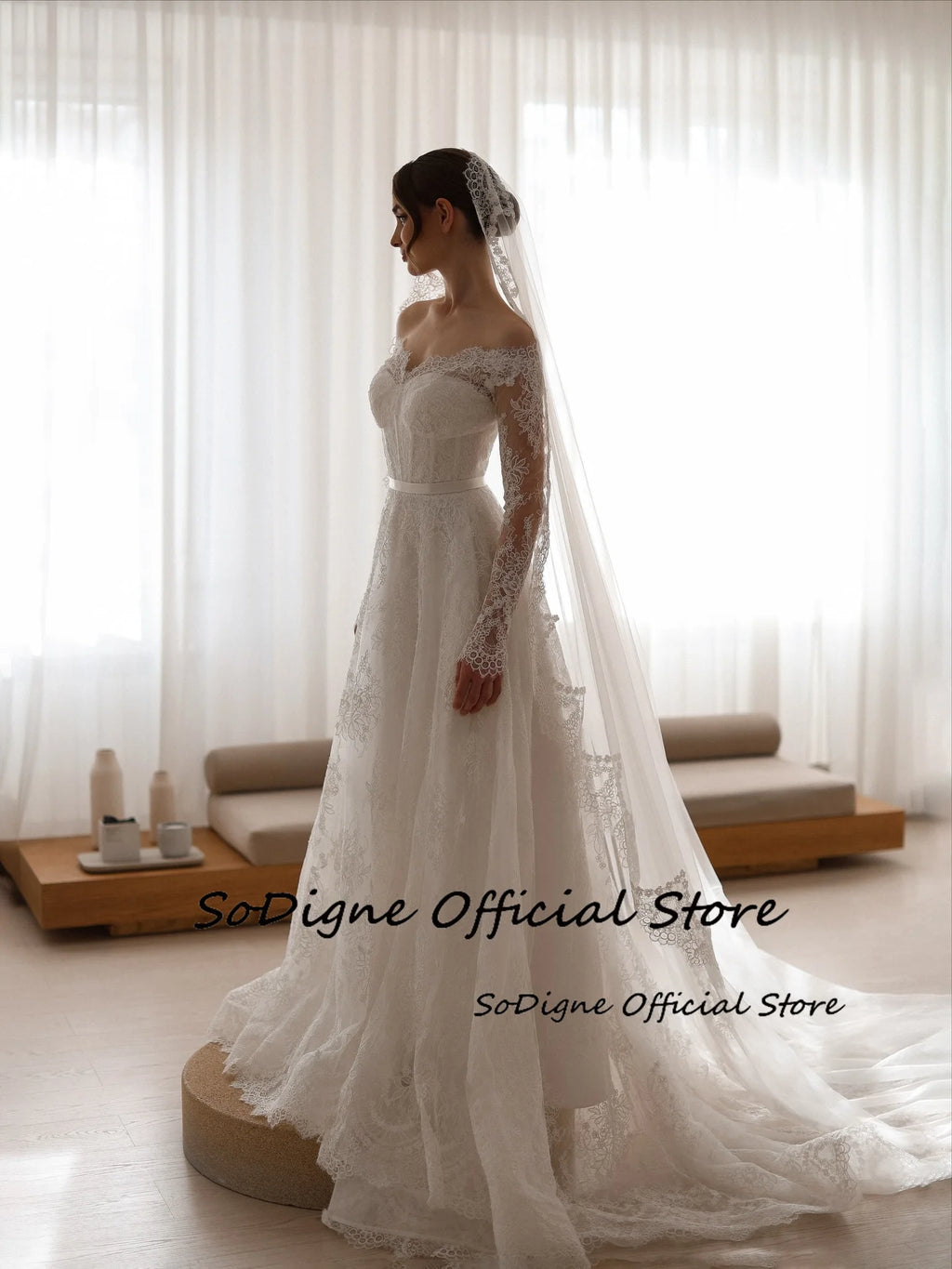 A-Line Off-Shoulder Lace Wedding Dress 2026 - Long Sleeve Boho Bridal Gown - JStorehub 