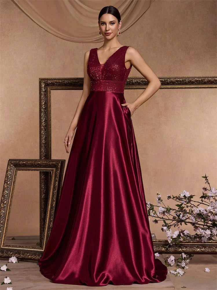 Elegant Sequin Evening Dress for Women - Deep V-Neck Satin Prom Gown 2024 - JStorehub 