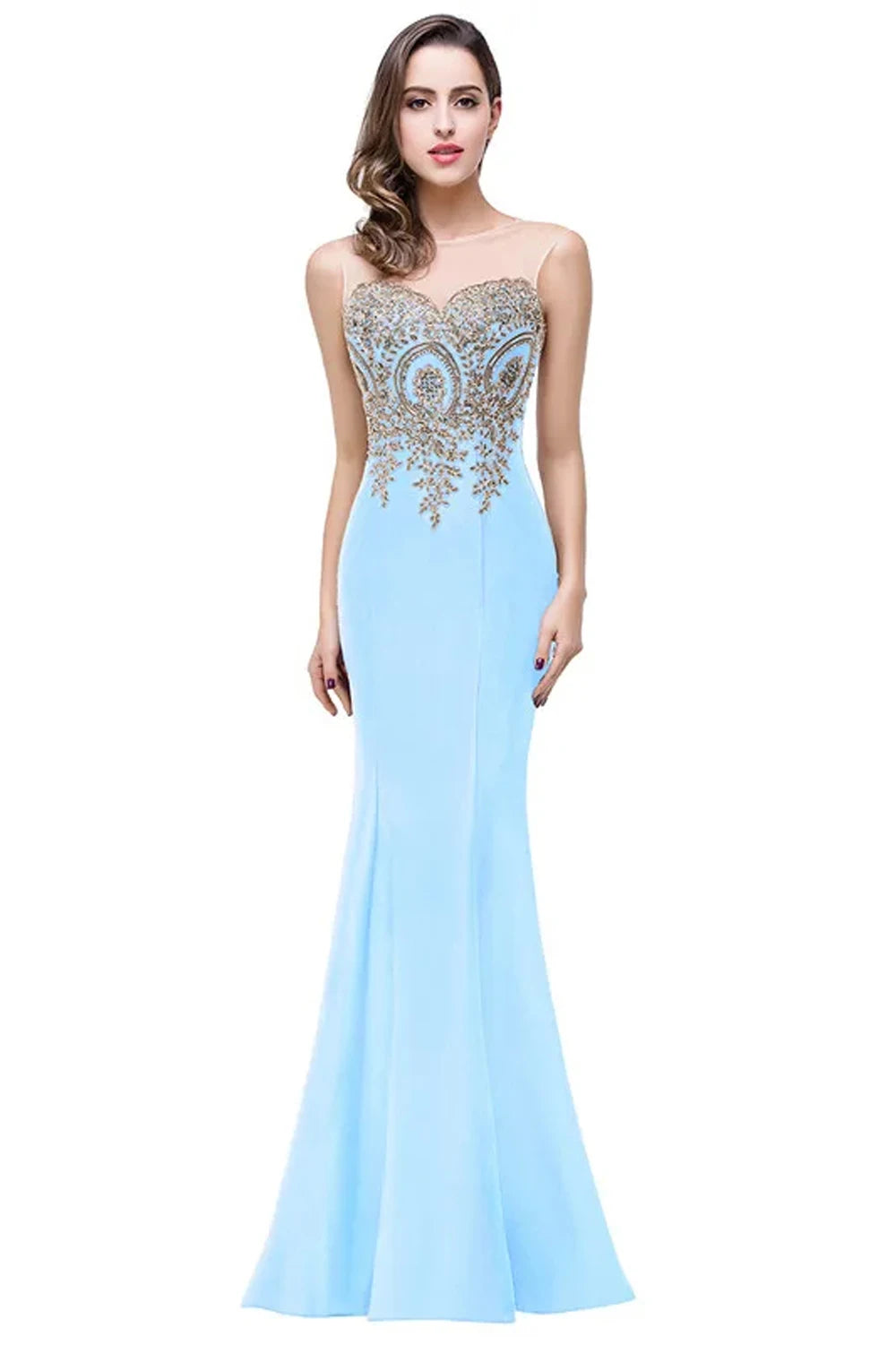 Golden Appliques Lace Mermaid Evening Dress - Sweetheart Illusion Prom Gown
