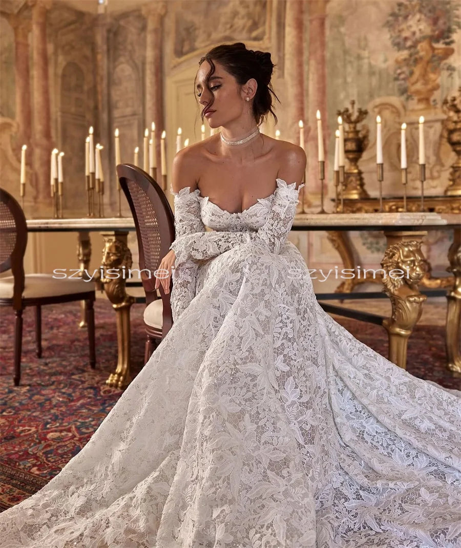 Modern Sweetheart A-Line Wedding Dress - Long Sleeve Customizable Bridal Gown 2026 - JStorehub 