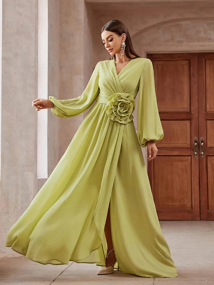2024 Luxury Elegant Party Evening Dress - 3D Floral Lantern Sleeve Maxi - JStorehub 