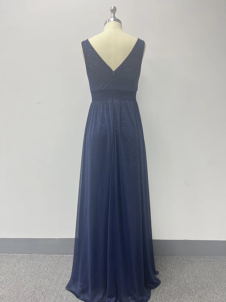 Sparkling Chiffon Double V-Neck A-Line Evening Gown with Side Slit - Bridesmaid Dress - SalmanStore 