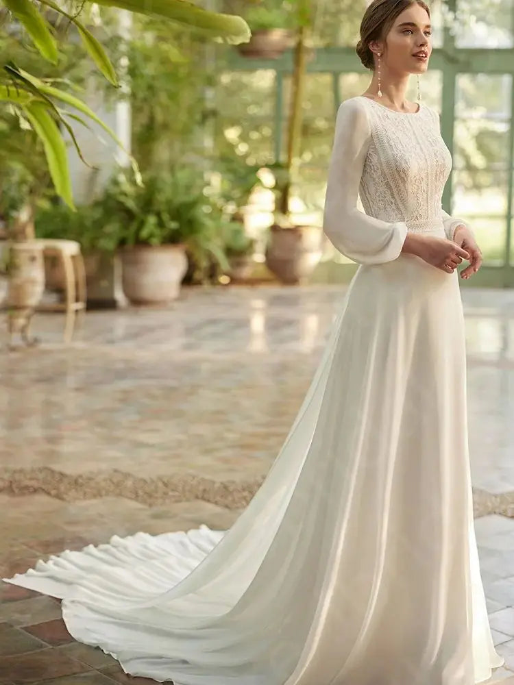 Customized Boho Beach Wedding Dress 2024 - Lace Long Sleeve Bridal Gown - JStorehub 