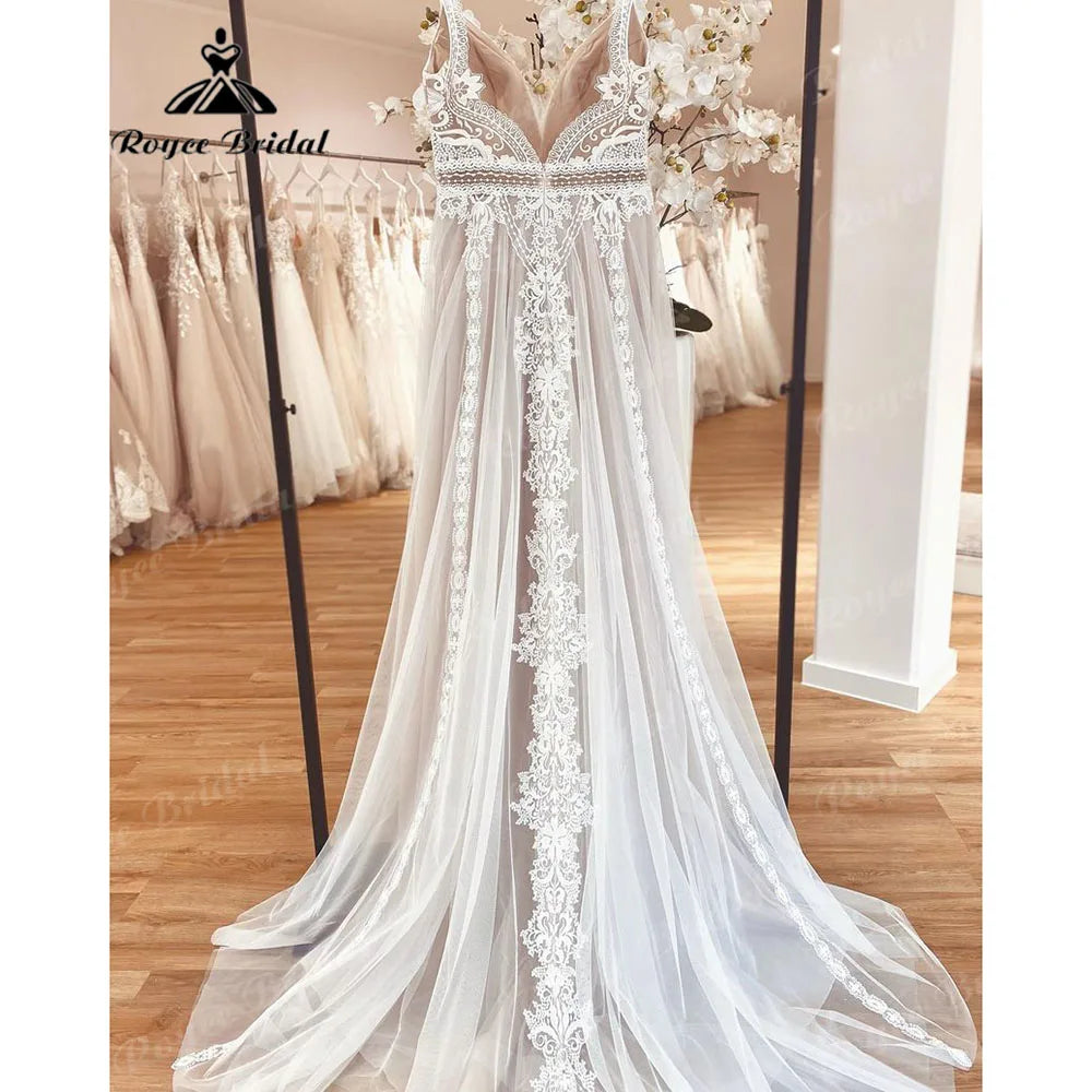 Boho Beach Lace Wedding Dress 2026 - V-Neck Backless Summer Bridal Gown - JStorehub 