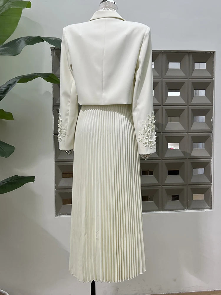 Chic Autumn 2025: Flower Beaded Jacket & Dress Women's Suit Set