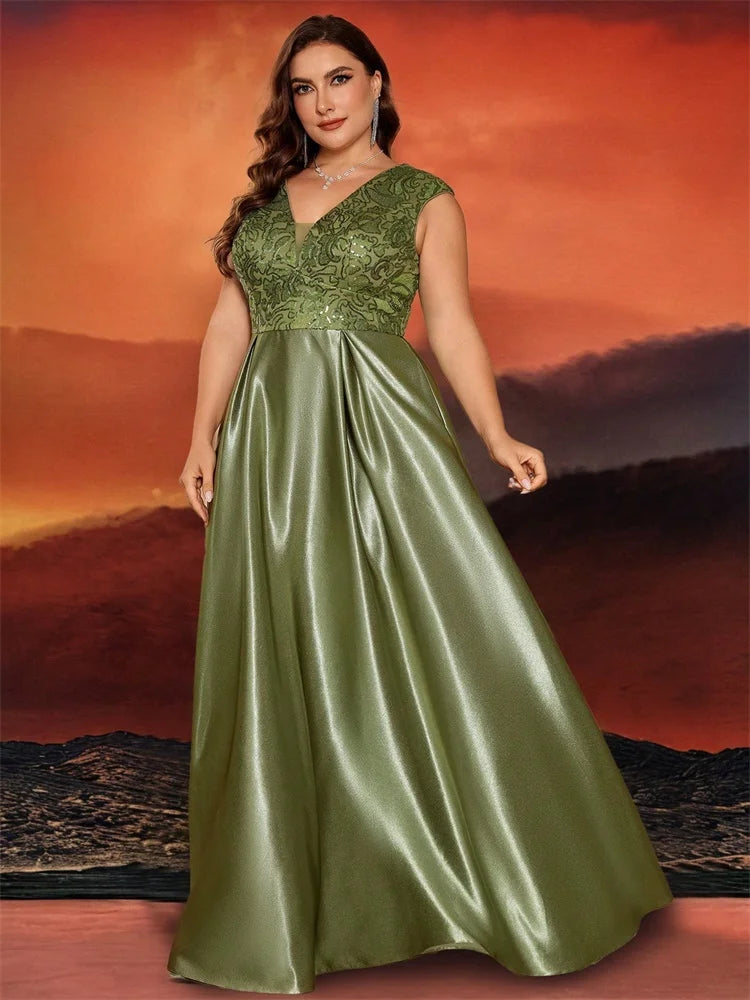 Blueplum Plus Size Gold Satin V-Neck Sequin Evening Dress 2025 - JStorehub 