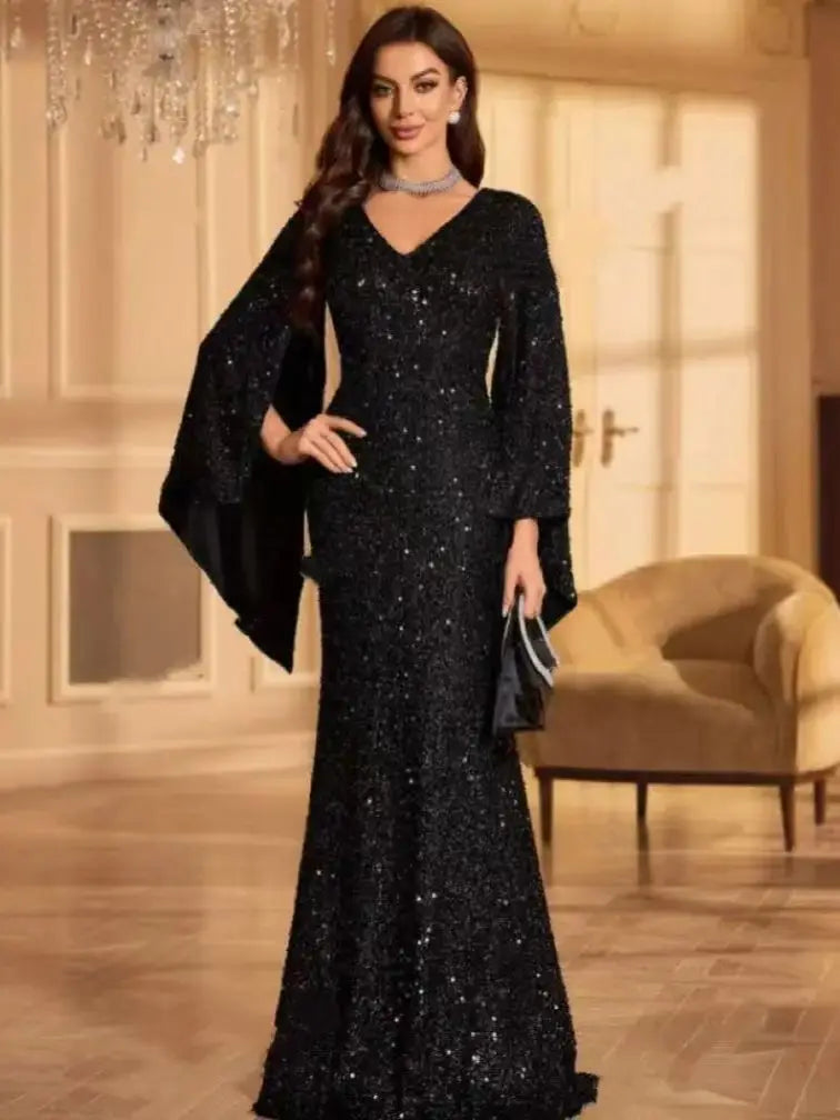 Elegant Chiffon Sequin Evening Dress - Round Neck Flared Cuffs Wedding Gown - JStorehub 