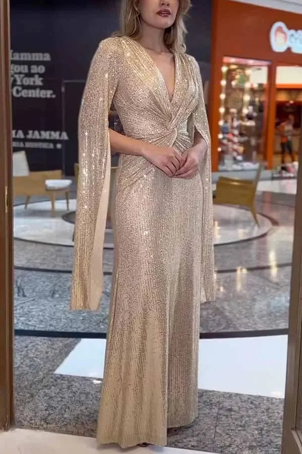 Autumn Sequin V-Neck Long Sleeve Dress - Fashionable Casual Party Dress - JStorehub 