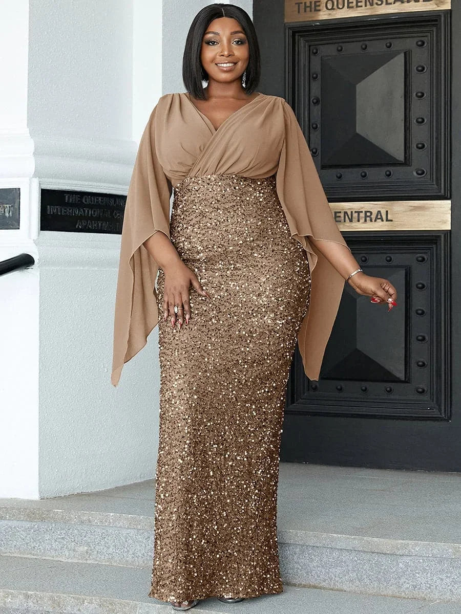 2024 Chiffon Sequin Spliced Deep V Long Evening Prom Gown - JStorehub 