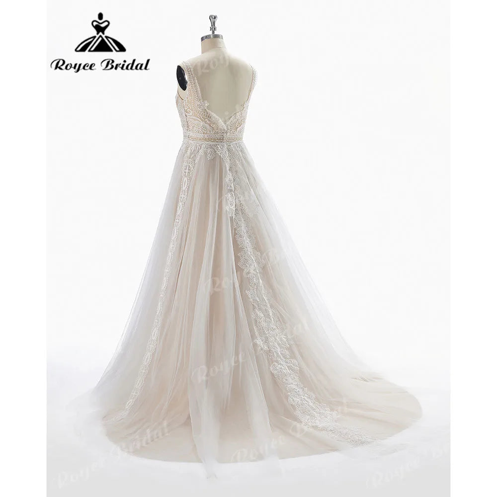 Boho Beach Lace Wedding Dress 2026 - V-Neck Backless Summer Bridal Gown - JStorehub 