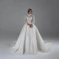 O-Neck Pearls Beaded Ball Gown Wedding Dress - Long Sleeve Shiny Sequins Lace Bridal Gown - JStorehub 