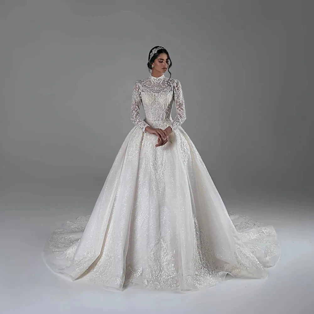 O-Neck Pearls Beaded Ball Gown Wedding Dress - Long Sleeve Shiny Sequins Lace Bridal Gown - JStorehub 