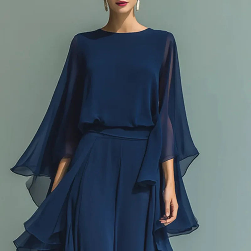 2026 Spring Chiffon 2-Piece Set - Elegant O-Neck Flare Sleeve & Wide Leg Pants - JStorehub 