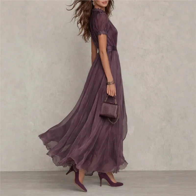 Vintage Hollow Out Maxi Dress - Stand Collar Lantern Sleeve Pleated Tunic - JStorehub 