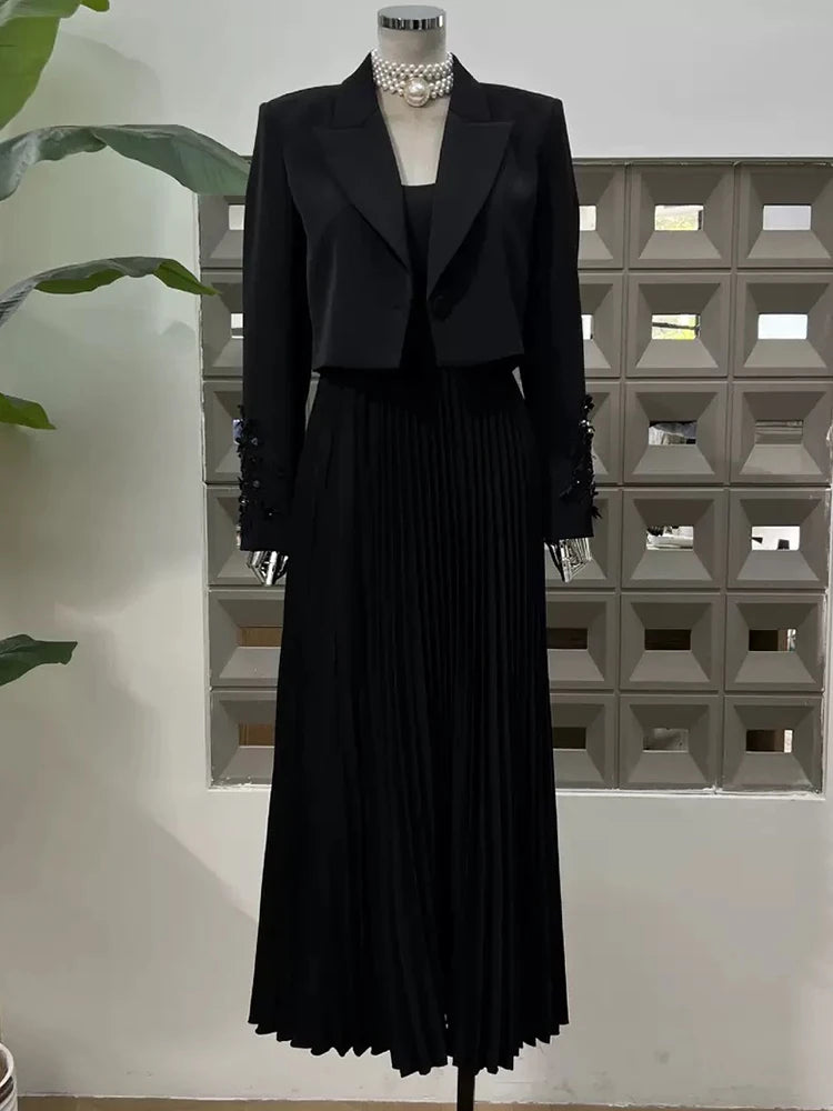 Chic Autumn 2025: Flower Beaded Jacket & Dress Women's Suit Set