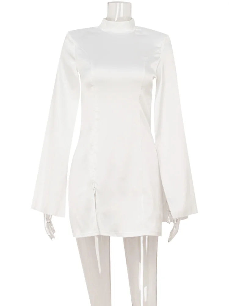 Elegant Mini Dress for Women - Long Flare Sleeve Turtleneck Satin Party Dress - JStorehub 