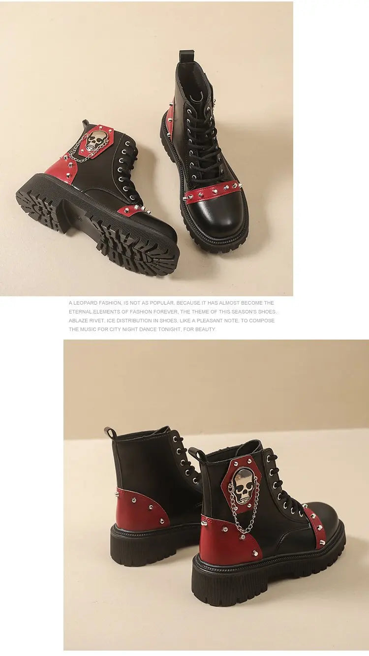Women's Punk Ankle Boots - Platform Buckle Lace-Up Block Heel Shoes - JStorehub 