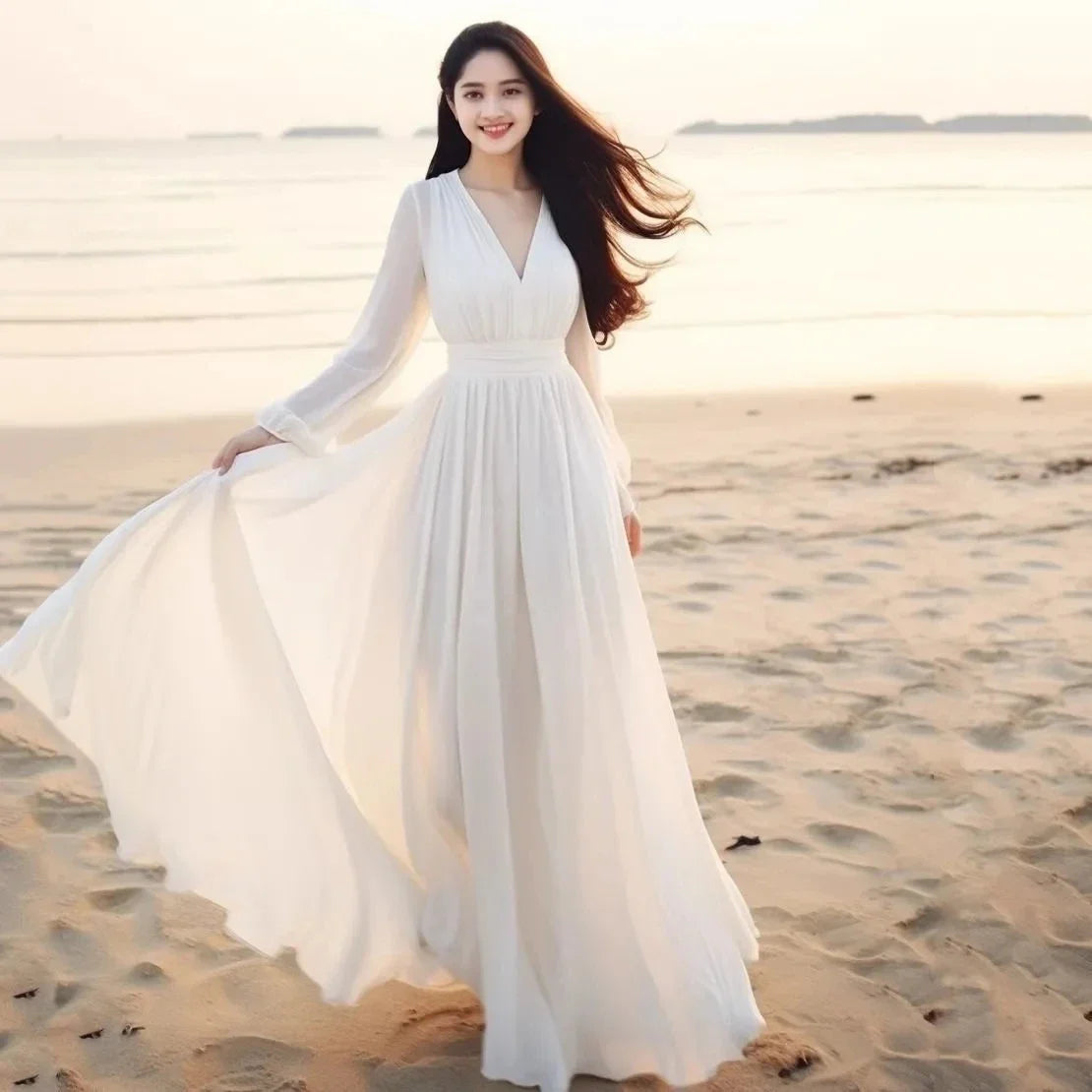 Beach Chiffon Long Sleeve Dress - Spring Summer Vacation Elegant Gown - JStorehub 