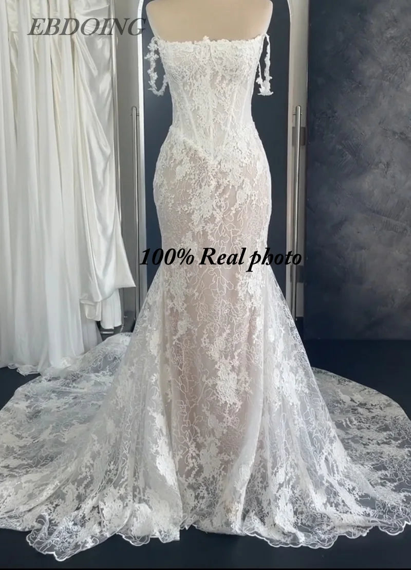 Mermaid Lace Wedding Dress - Boat Neck Basque with Beading Customized Bridal Gown - JStorehub 