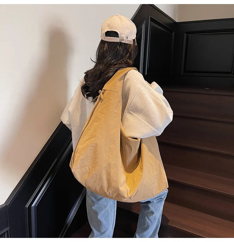 Chic Solid Color Nylon Tote Bag with Multiple Pockets - Large Capacity Shoulder Bag
