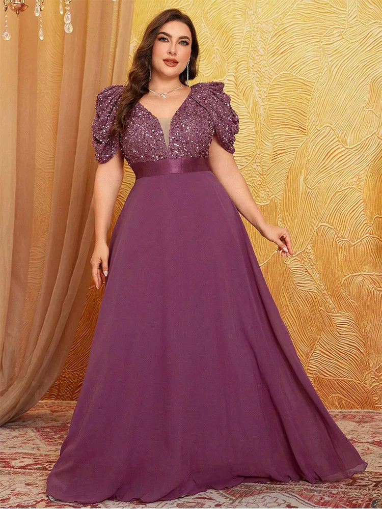 Plus Size Lotus Pink Sparkling Puff Sleeve Evening Dress 4XL 5XL - JStorehub 