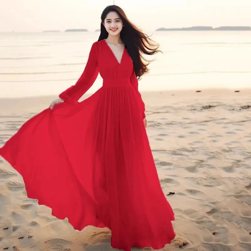 Beach Chiffon Long Sleeve Dress - Spring Summer Vacation Elegant Gown - JStorehub 