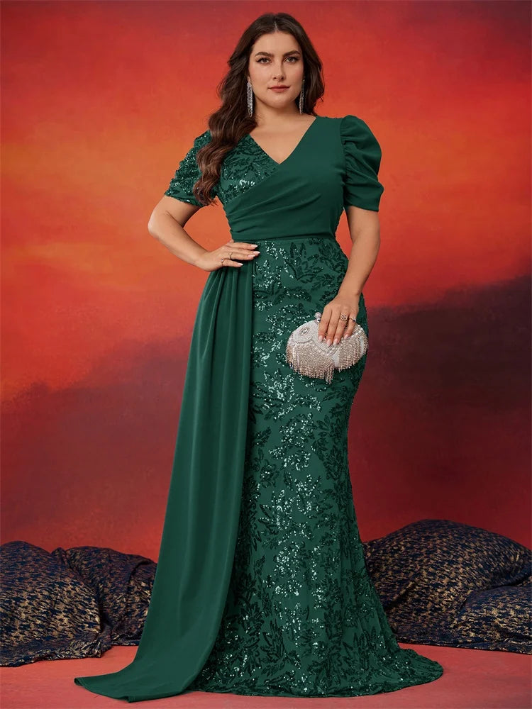 Plus Size Elegant V-neck Sequins Evening Dress Women Short Sleeves Mermaid Formal Luxury Party Streamer Prom Dress - JStorehub 