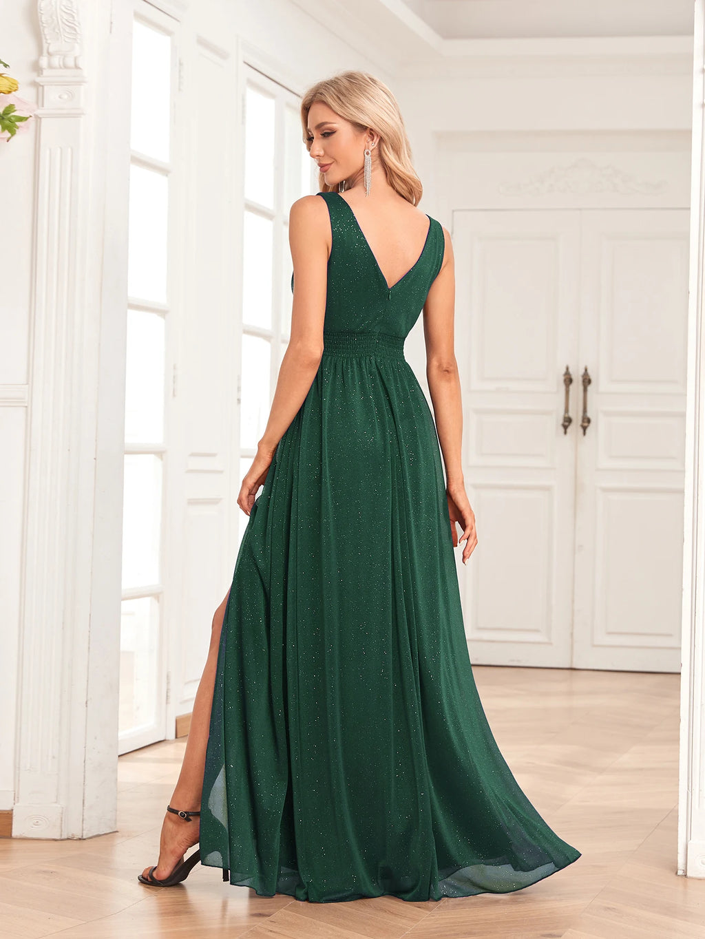 Sparkling Chiffon Double V-Neck A-Line Evening Gown with Side Slit - Bridesmaid Dress - SalmanStore 