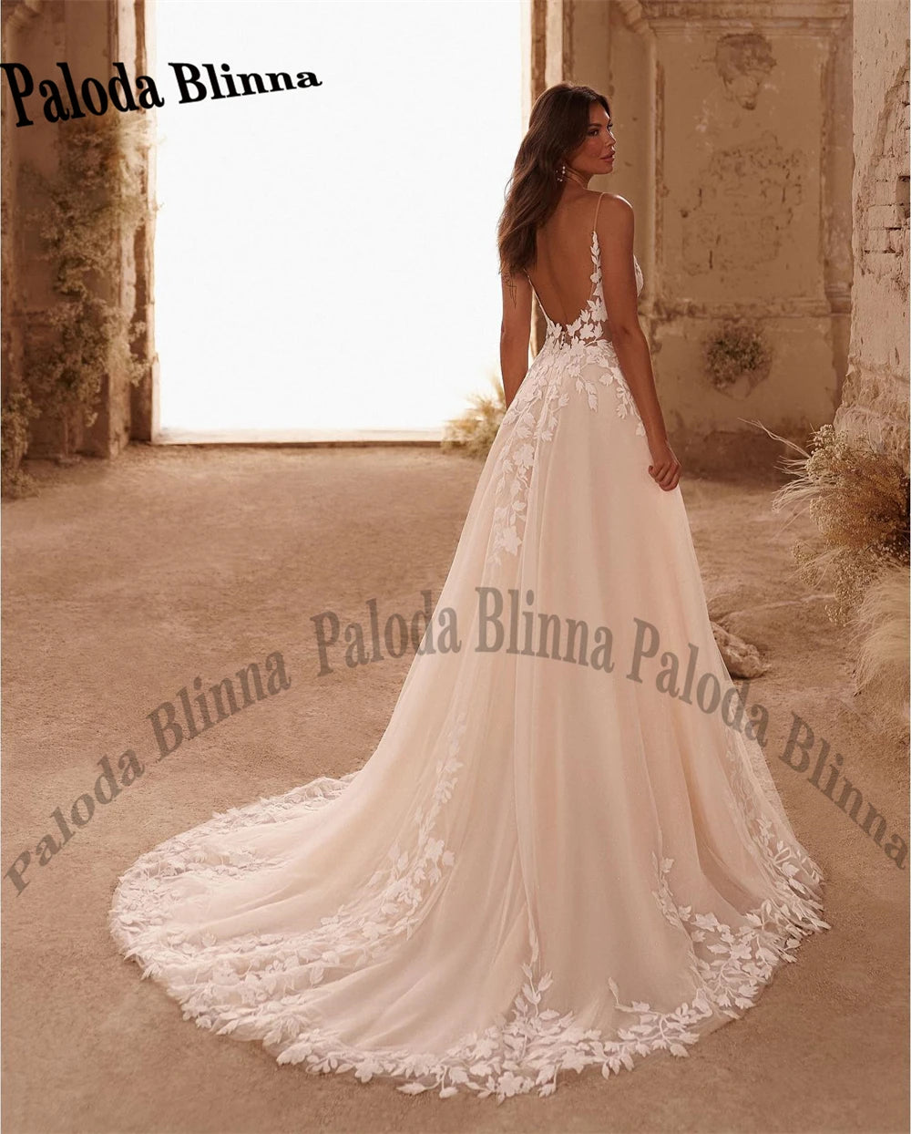 Spaghetti Straps Glitter Wedding Dress - V-Neck Applique Backless Boho Gown - JStorehub 