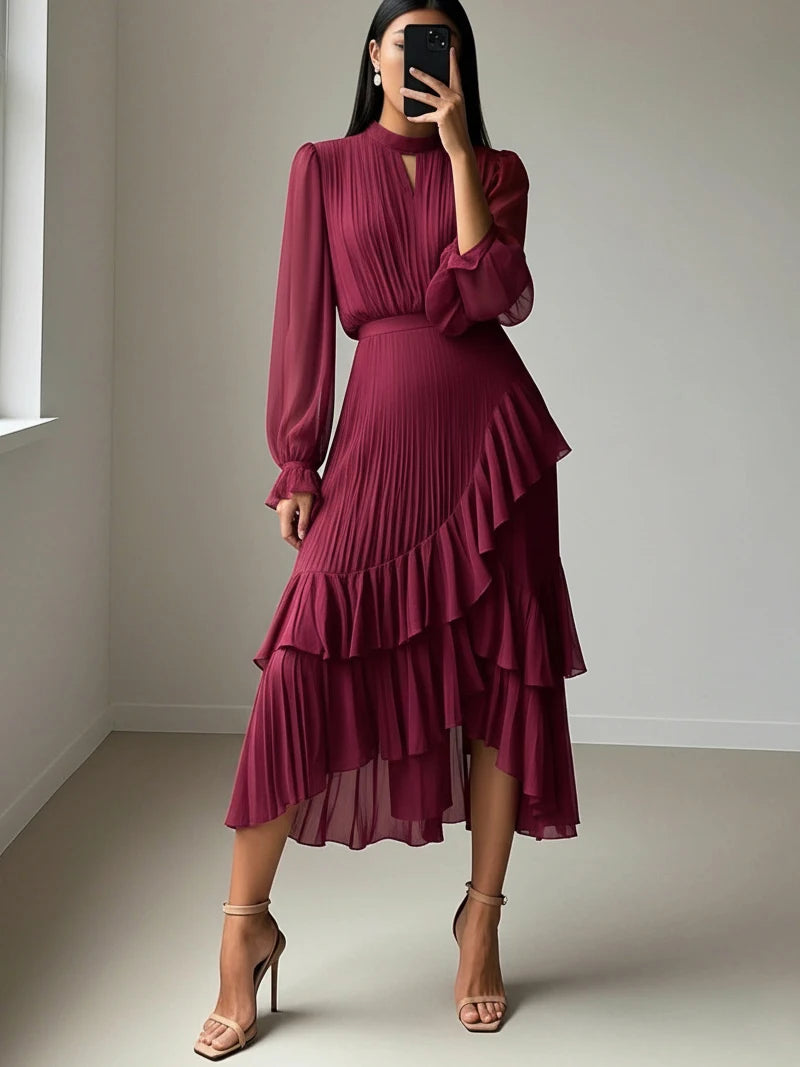 Ruffle Long Sleeve Layered A-Line Dress - Chic Spring Summer Pleated Gown - SalmanStore 