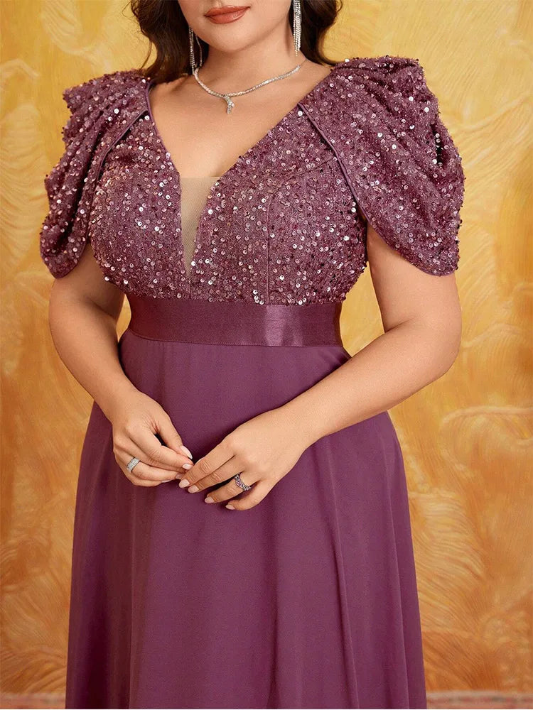 Plus Size Lotus Pink Sparkling Puff Sleeve Evening Dress 4XL 5XL - JStorehub 