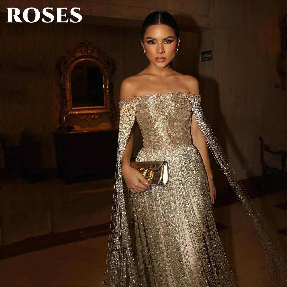 Roses Gold Luxury Off-Shoulder Tassel Mermaid Evening Dress - JStorehub 