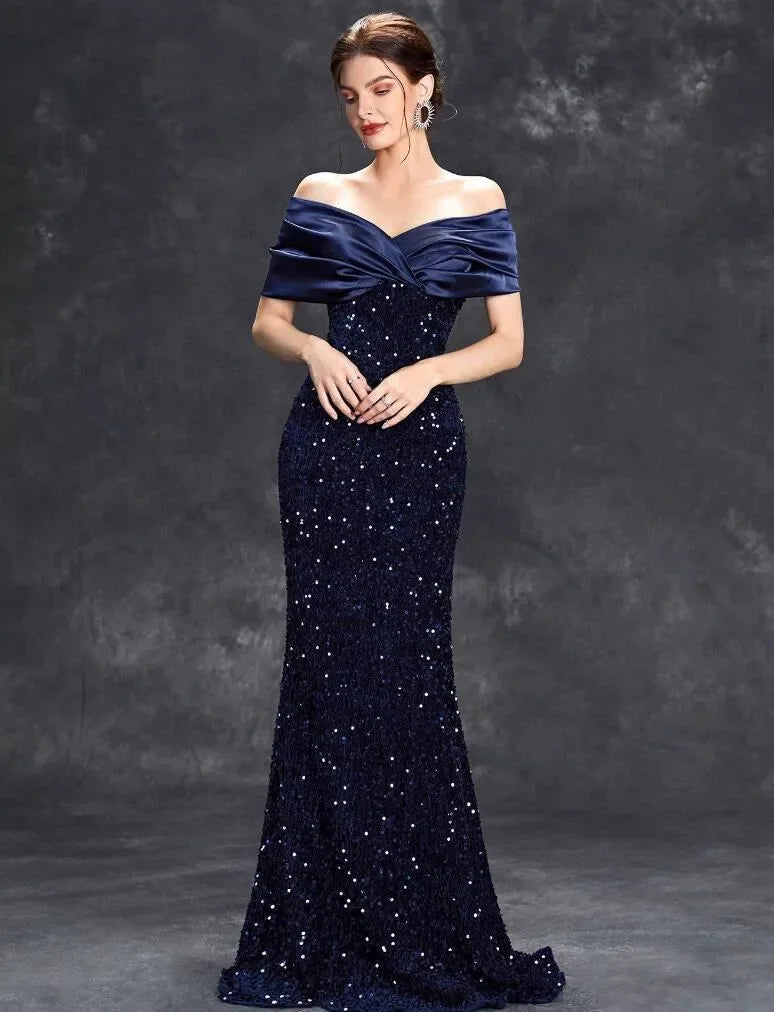 Slim Fit One Shoulder Sequin Evening Gown - A-Line Floor Length Party Dress - JStorehub 