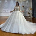 2026 Illusion Neck Wedding Dress - Long Sleeve Lace Applique Beaded Bridal Gown - JStorehub 