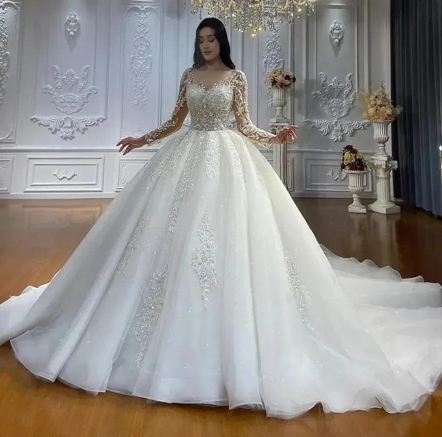 2026 Illusion Neck Wedding Dress - Long Sleeve Lace Applique Beaded Bridal Gown - JStorehub 