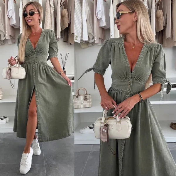 Women Dresses: V Neck Denim Dress - Elegant Style | Salman Store