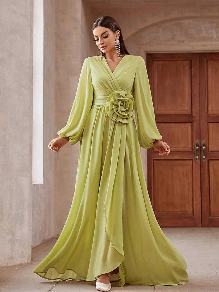 2024 Luxury Elegant Party Evening Dress - 3D Floral Lantern Sleeve Maxi - JStorehub 