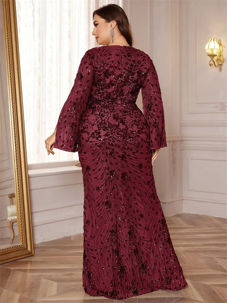 Plus Size Gold Sequin Mermaid Evening Dress - Long Sleeve Formal Prom Gown - SalmanStore 