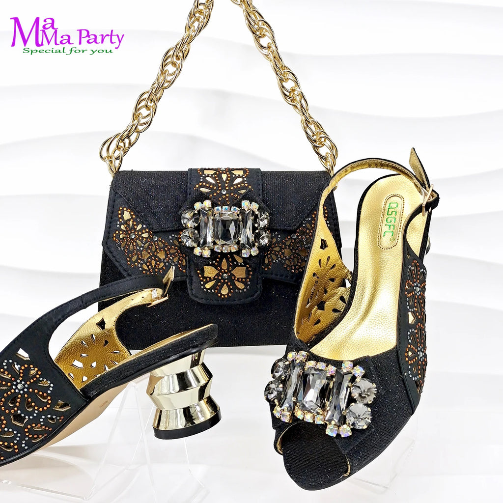 Wine Color Italian Design Shoes & Bag Set - Mid Heels with Crystal for Wedding - JStorehub 