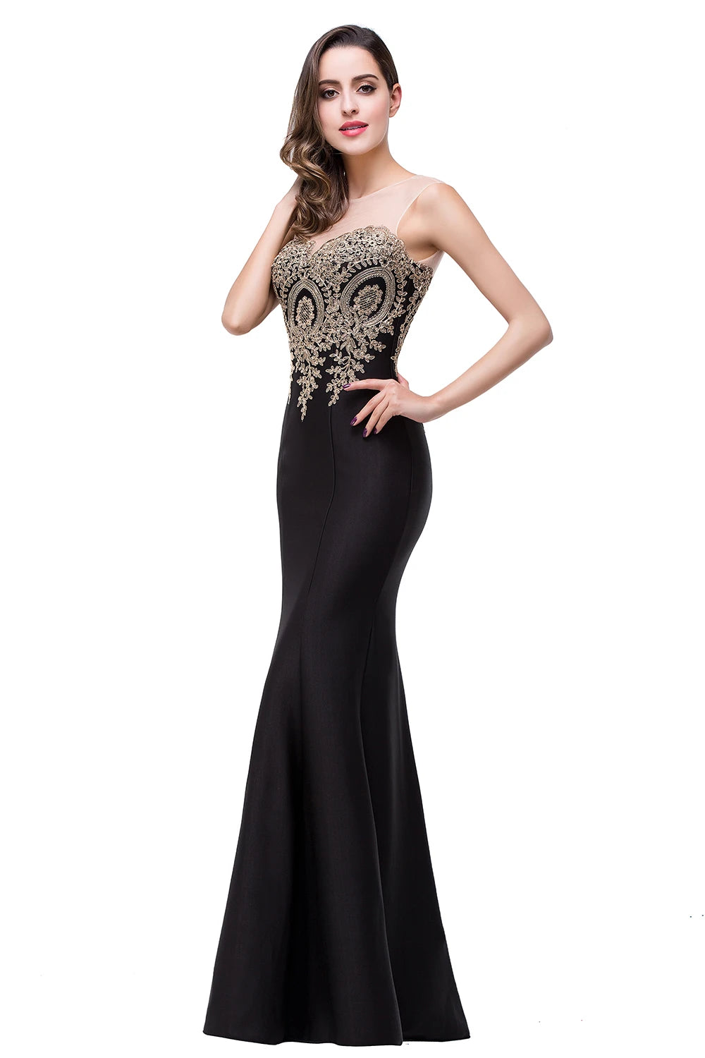 Golden Appliques Lace Mermaid Evening Dress - Sweetheart Illusion Prom Gown